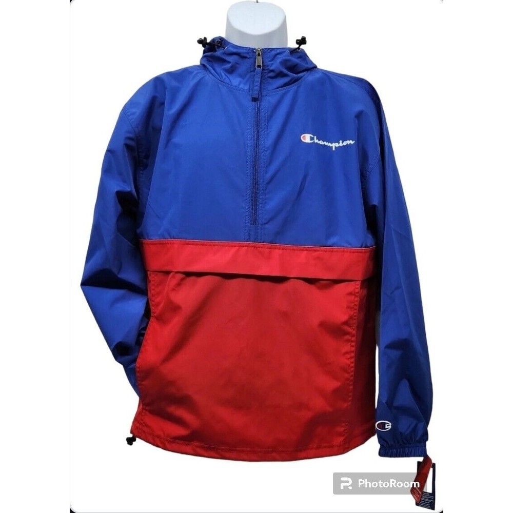 CHAMPION 1/4 Zip Mens Medium Blue & Red Pullover Hooded Windbreaker Jacket NWT